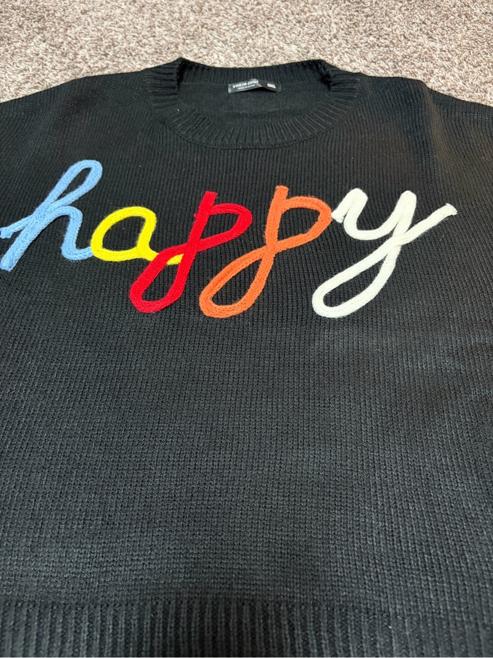 SHEIN Black Crewneck Sweater with Multicolor 'happy' Script